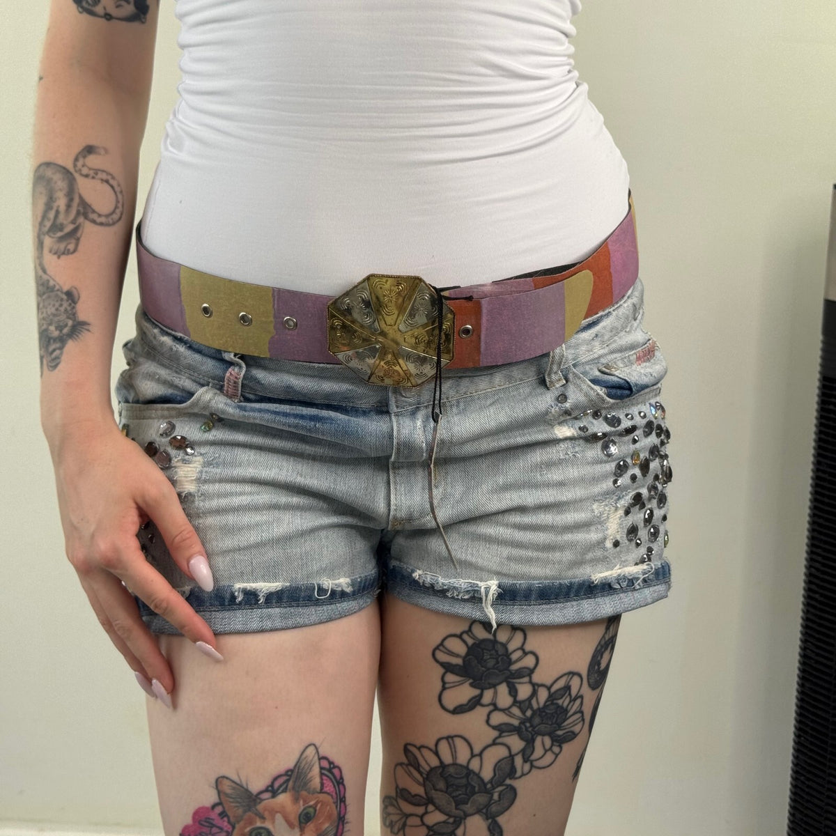 Y2K vintage belt boho colourful rainbow embossed circle hexagon disc