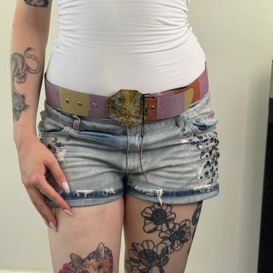 Y2K vintage belt boho colourful rainbow embossed circle hexagon disc