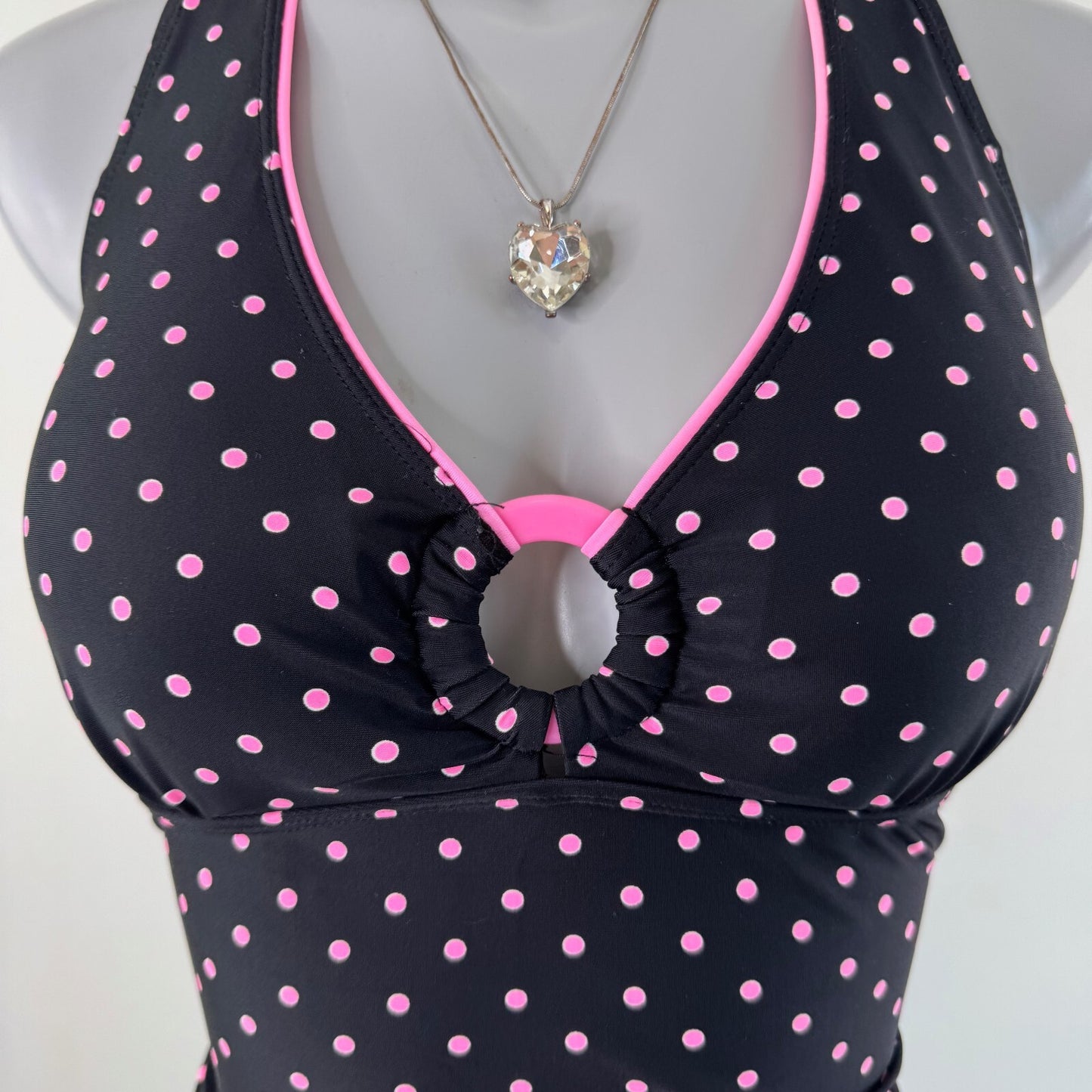 Y2K vintage tankini top o ring polka dot black pink bow v neck