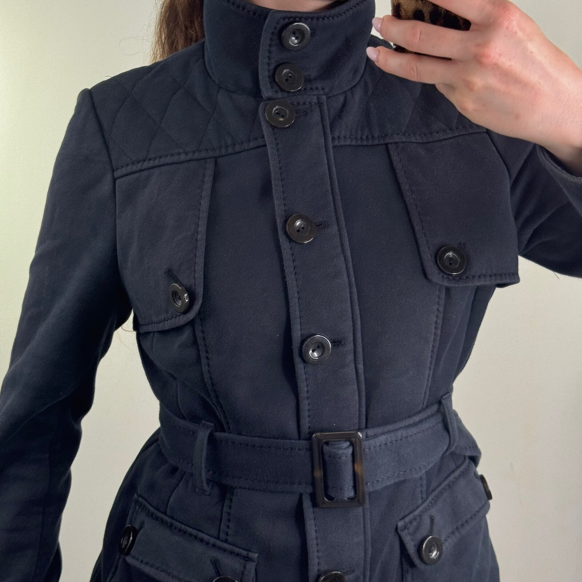Y2K vintage high neck jacket full zip up belted button stretchy quilted trench
