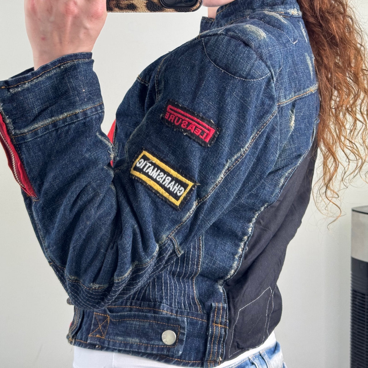 Y2K vintage denim jacket biker motorcycle moto zip up short patches high neck