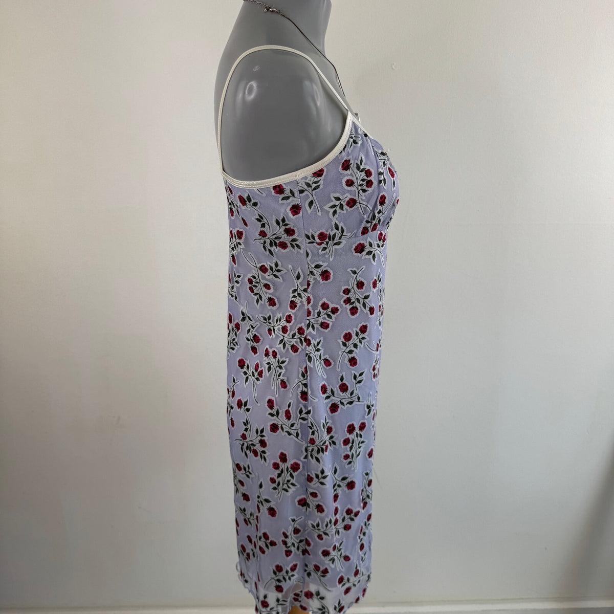 Y2K vintage mini dress floral rose pattern mesh overlay ruched bust stretchy