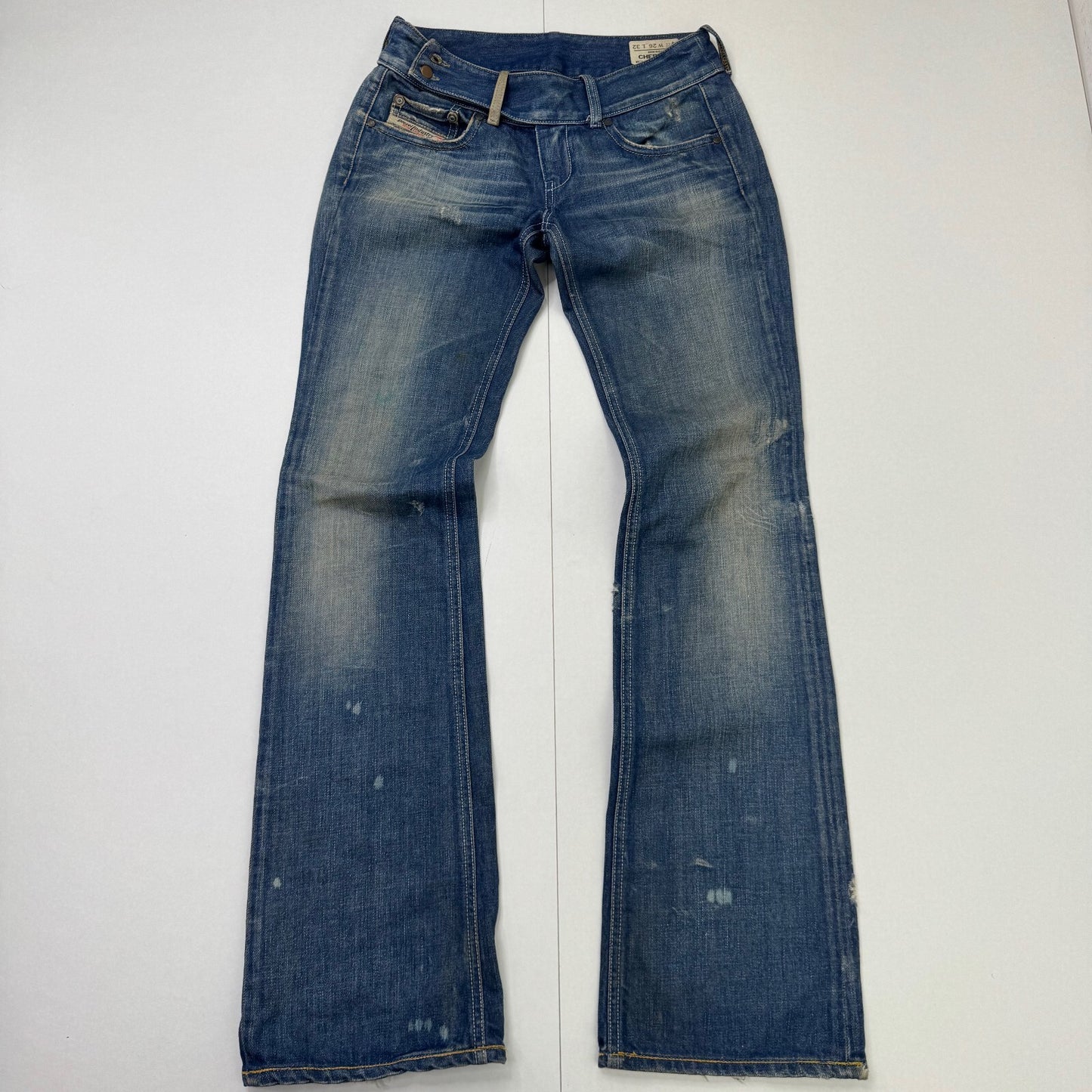 Y2K vintage Diesel bootcut denim jeans low rise faded blue wash belt buttons