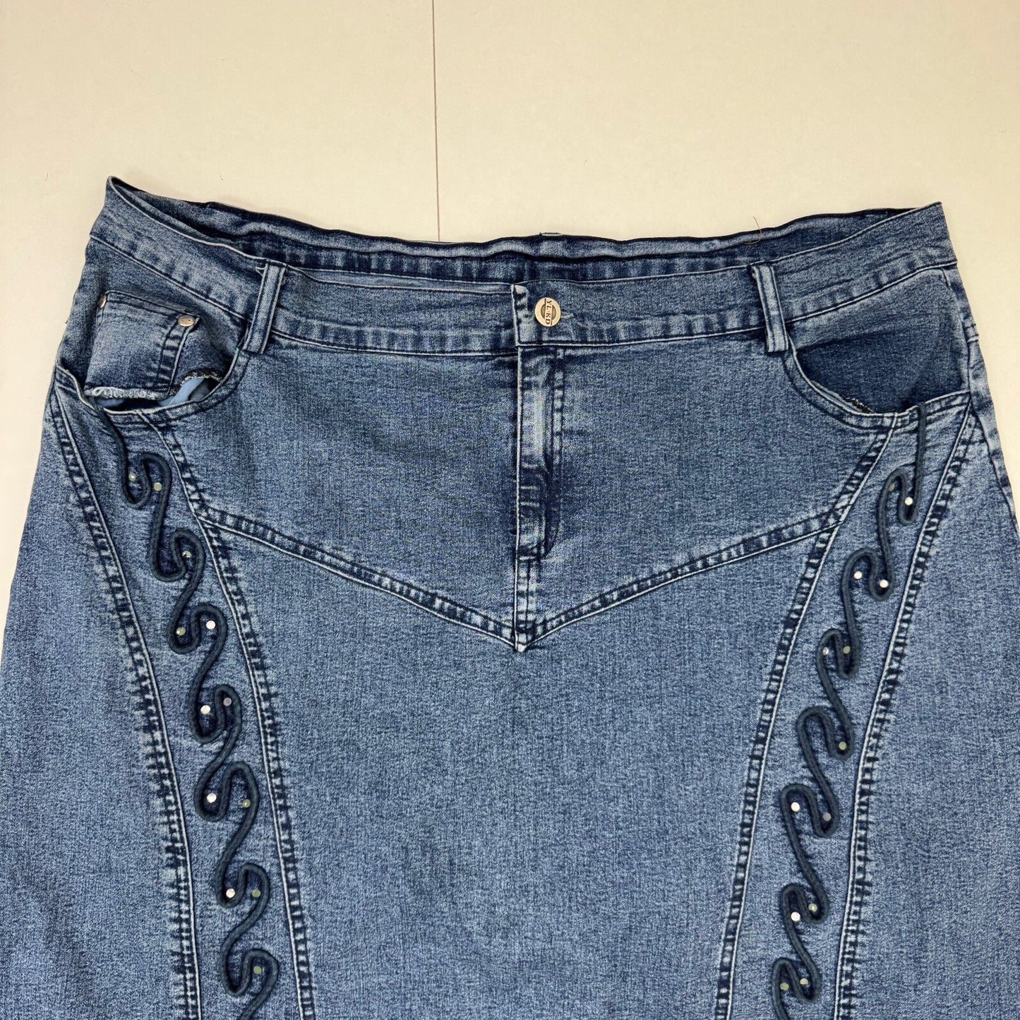 Y2K vintage maxi skirt denim rhinestones stretchy a line embroidered pattern