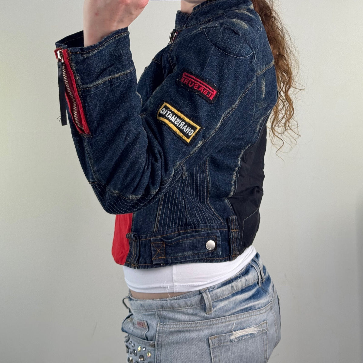 Y2K vintage denim jacket biker motorcycle moto zip up short patches high neck