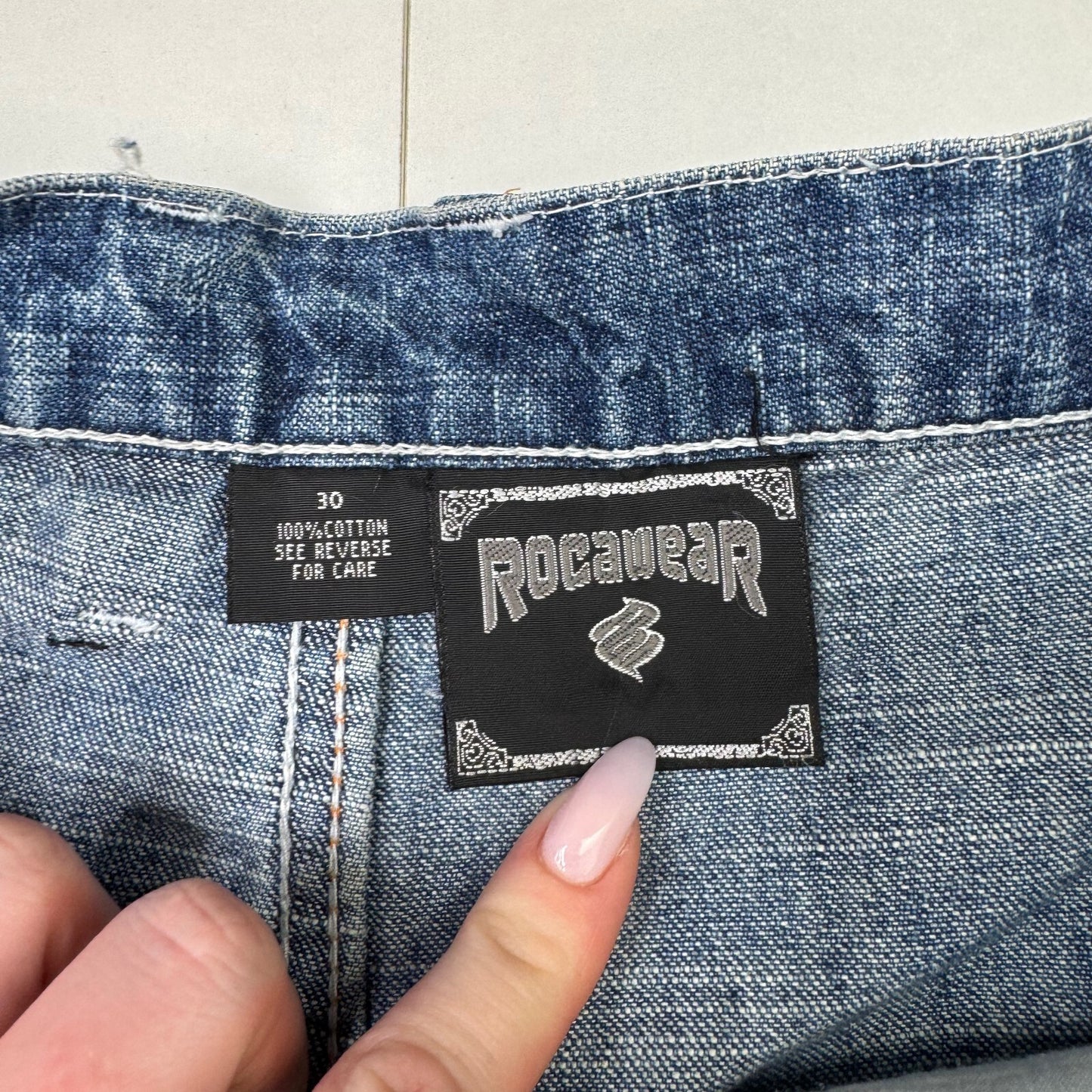 Y2K vintage Rocawear jorts denim shorts baggy patches faded star embroidered