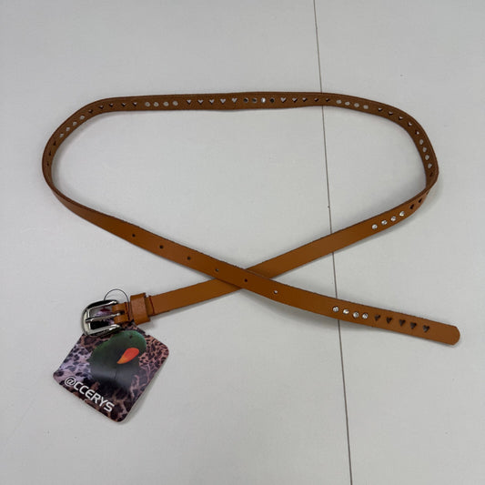 Y2K vintage 100% genuine leather belt hearts rhinestone skinny thin tan brown