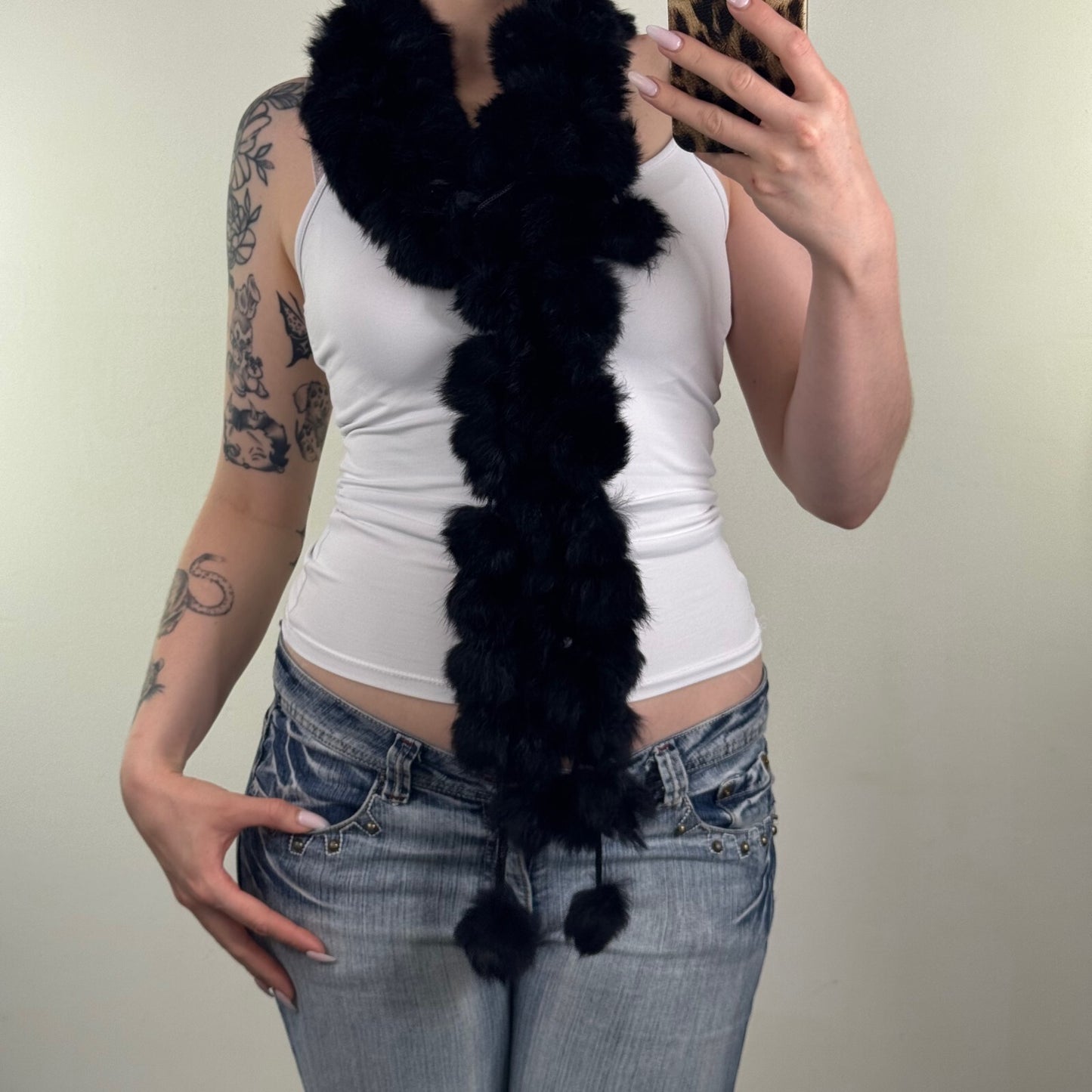 Y2K vintage genuine lapin fur scarf pom pom chunky rabbit black