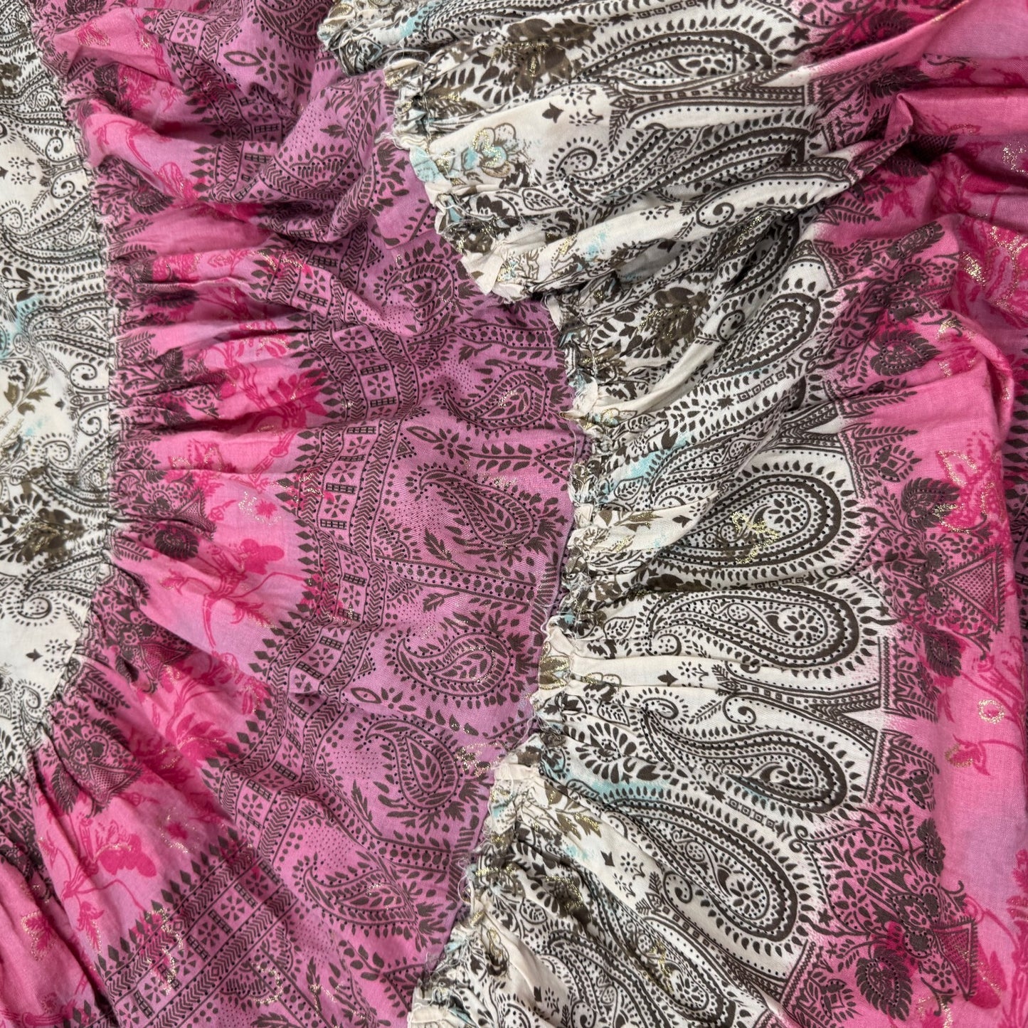 Y2K vintage maxi skirt boho patchwork tiered paisley floral pink cream purple