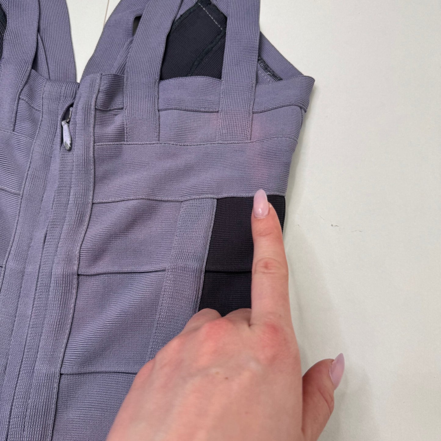 Vintage Hervé Léger bandage midi dress dusty lilac dark blue block colour