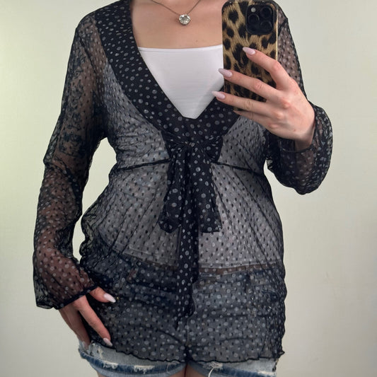 Y2K vintage Per Una top mesh sheer v neck bow stretchy polka dot long sleeve