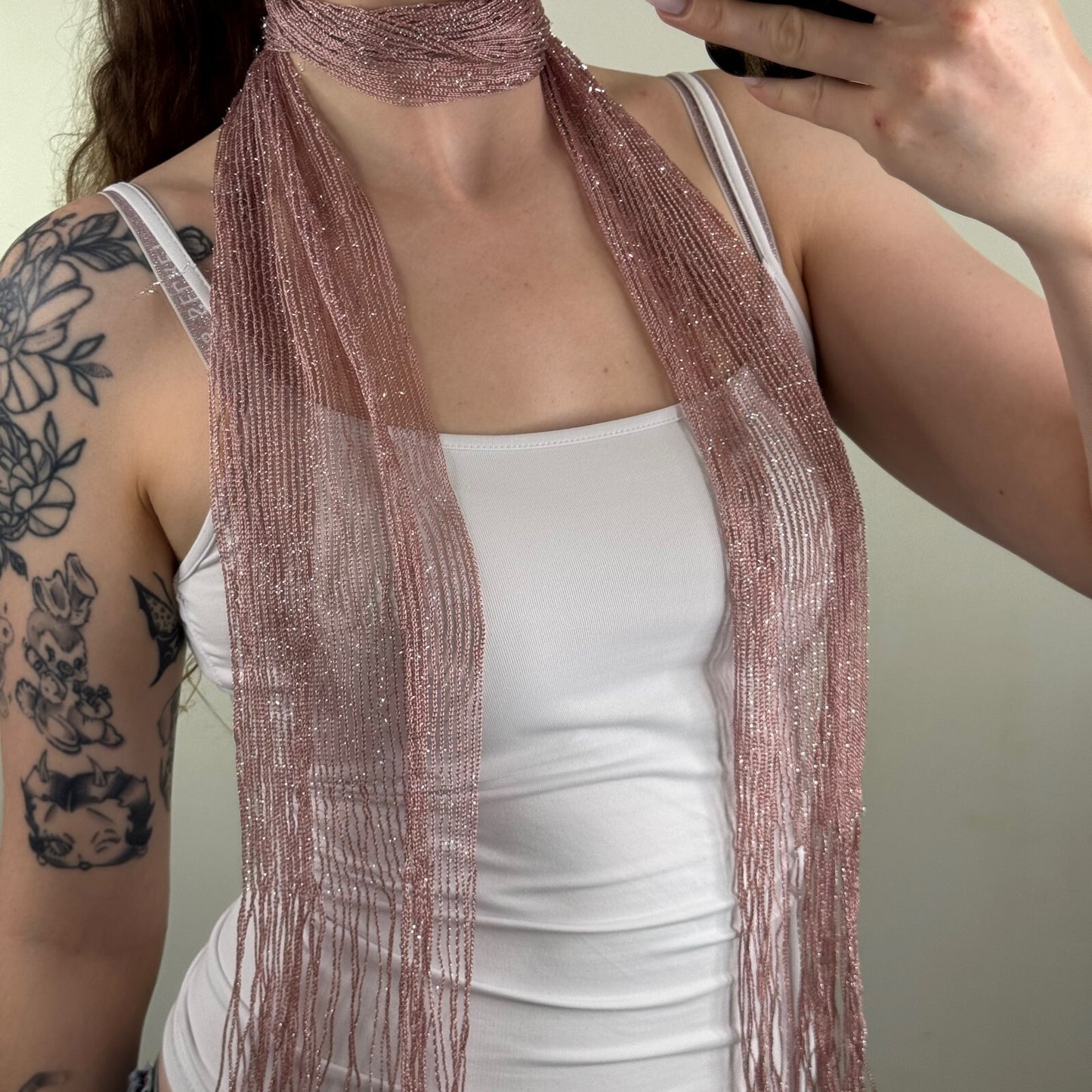 Y2K vintage scarf sheer fine knit sparkly glitter fringe blush pink