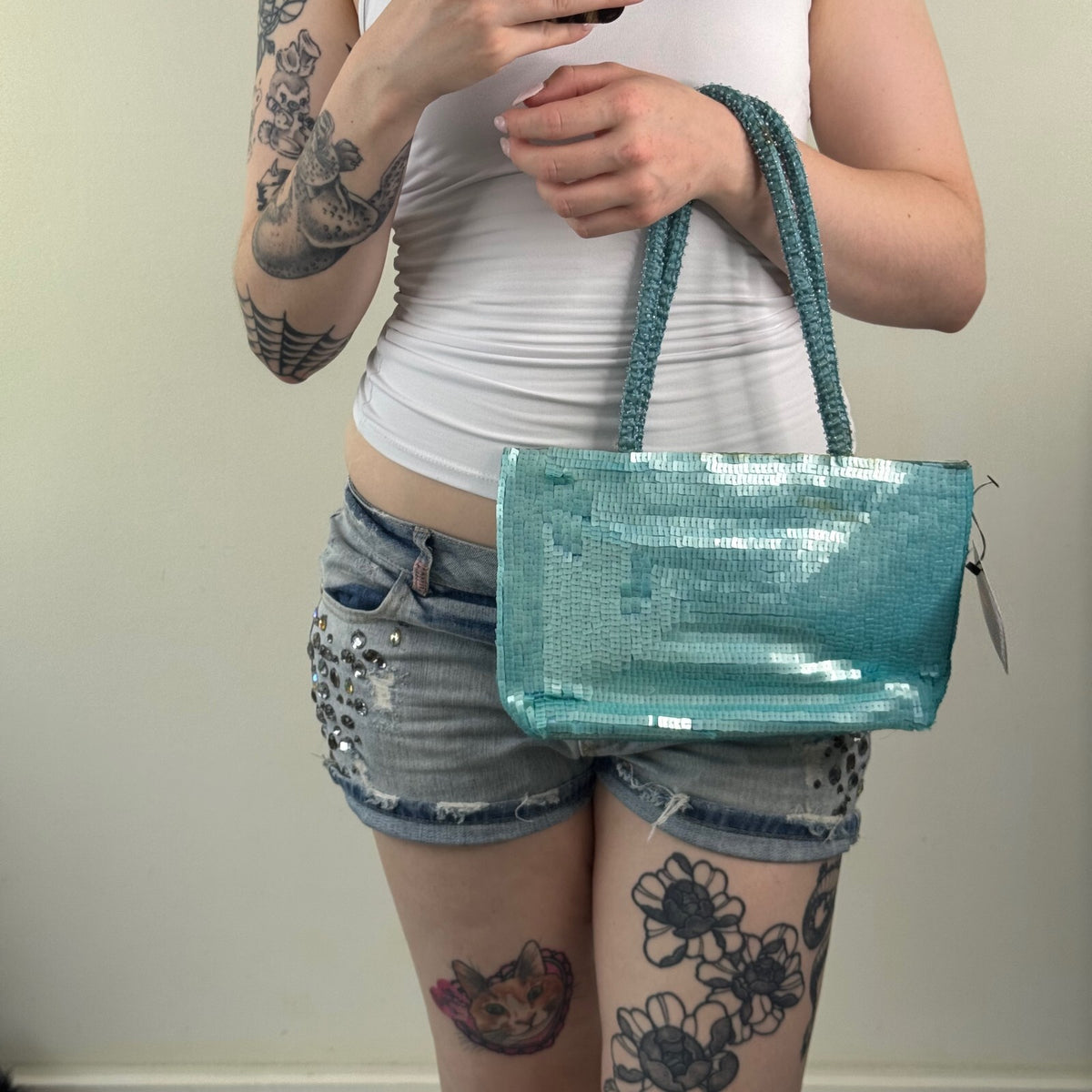 Y2K vintage sequin shoulder bag small turquoise blue beaded
