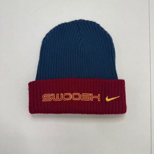Vintage 90s Nike Swoosh Spellout Colour Block Beanie Hat Knit Blue Burgandy