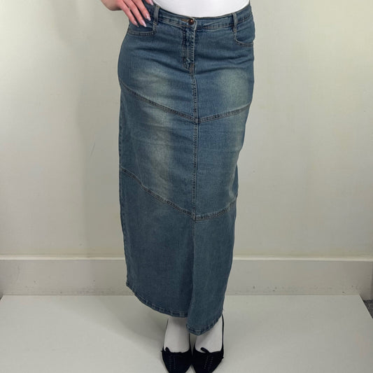 Y2K vintage maxi skirt denim faded mid blue wash stretchy fitted a line slit