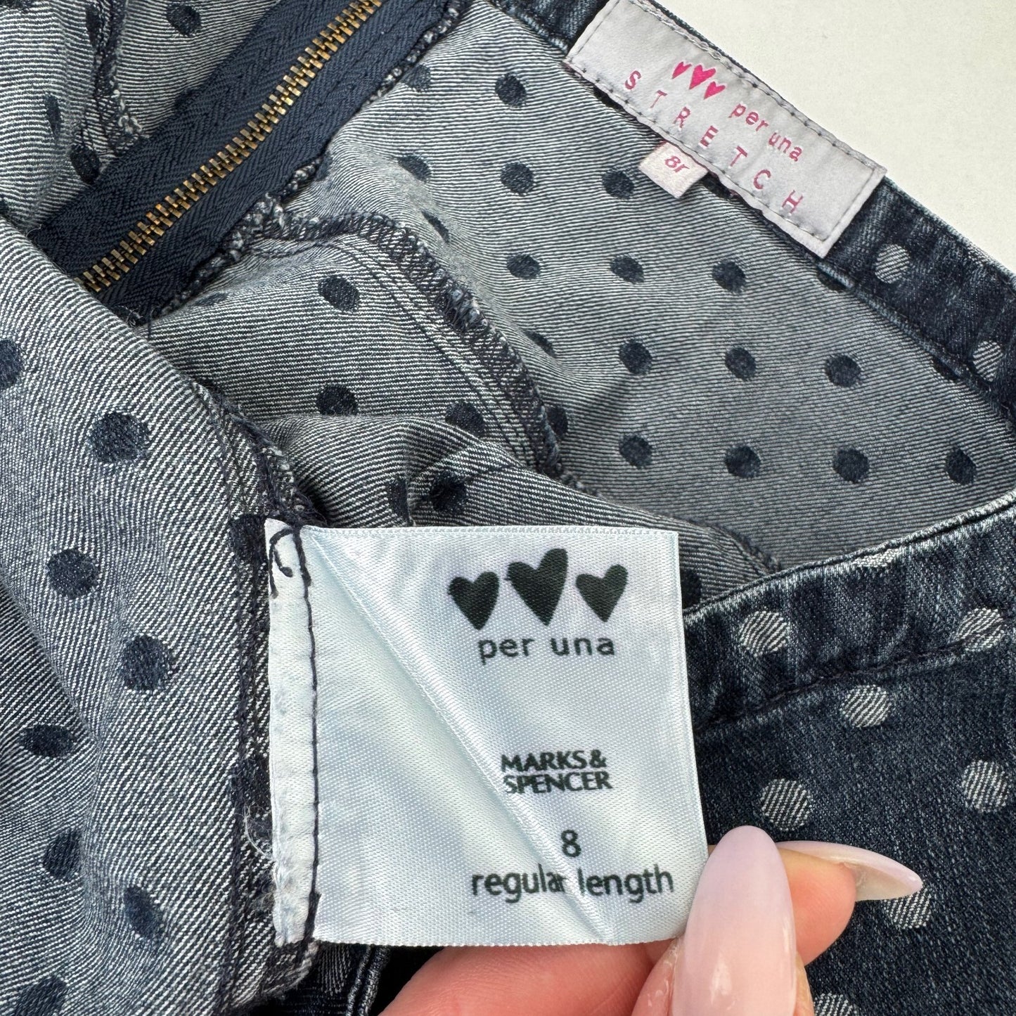 Y2K vintage Per Una midi skirt polka dot stretchy denim mid blue wash spots