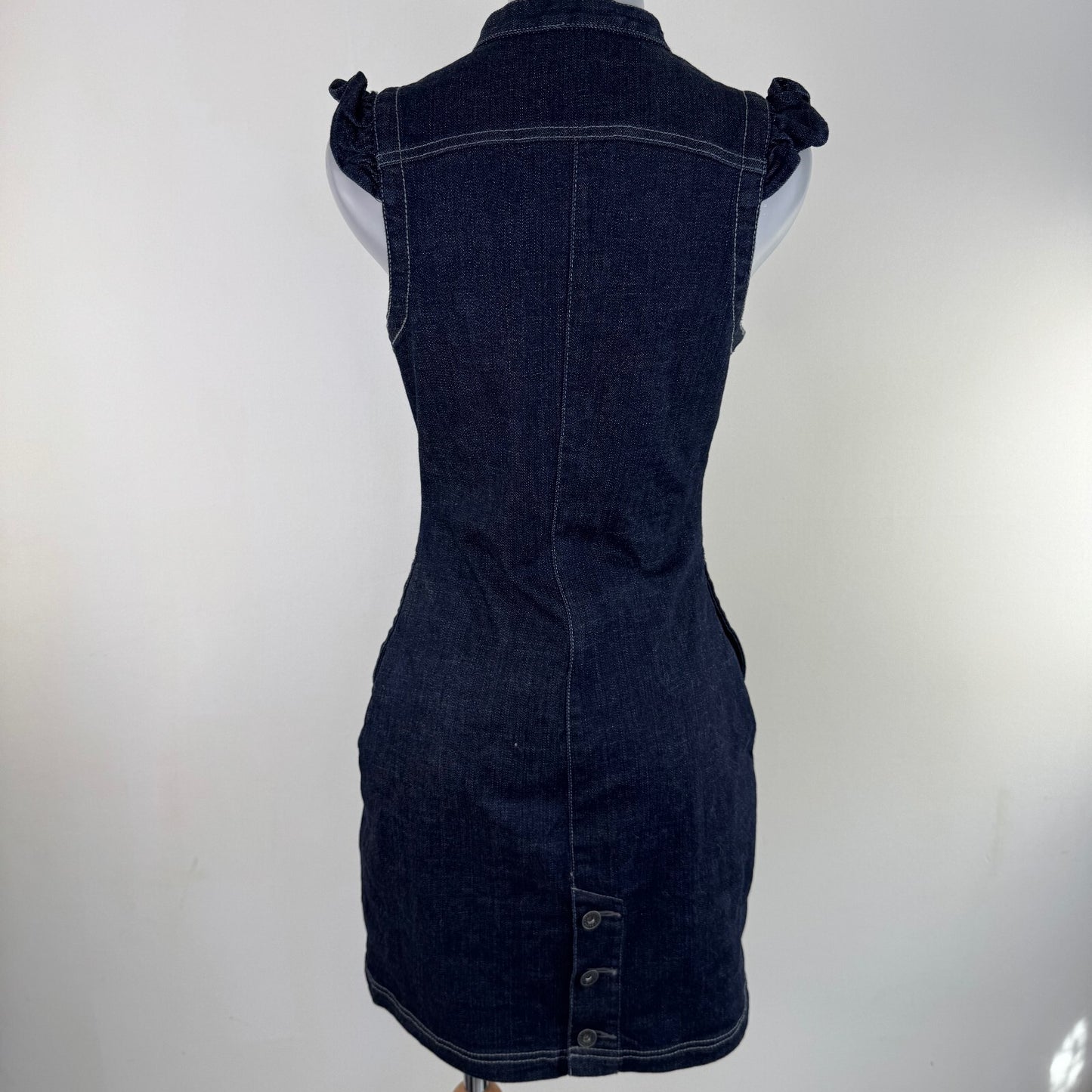 Y2K vintage Ted Baker denim mini dress ruffle bust button up sleeveless fitted