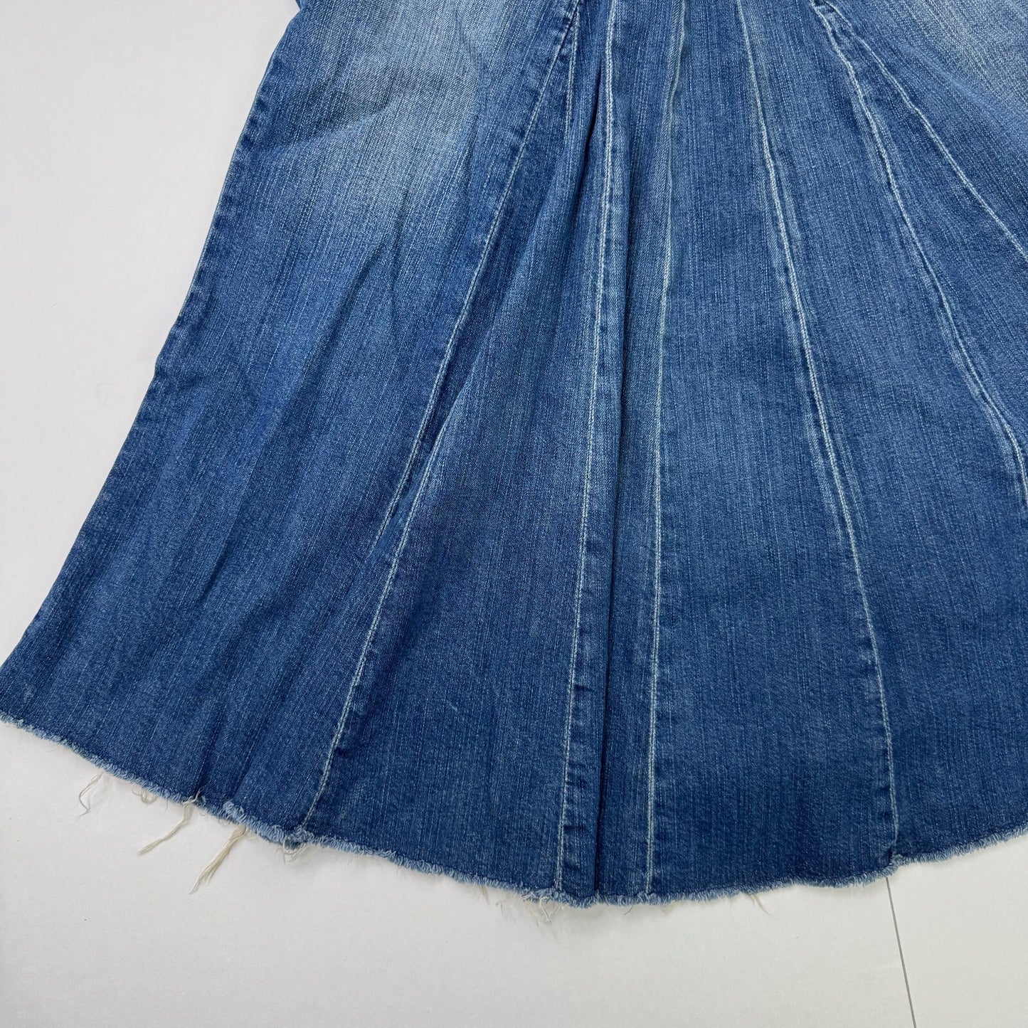 Y2K vintage denim maxi skirt faded blue wash a line distressed fishtail fitted