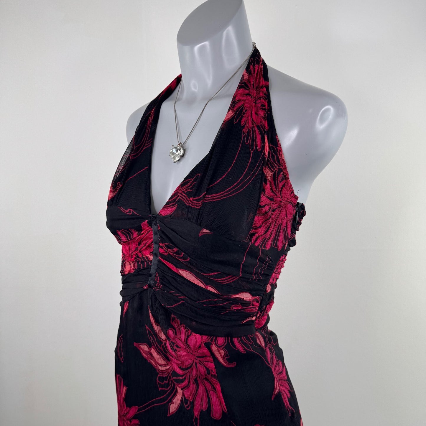 Vintage Karen Millen 100% silk midi dress halter neck floral occasion y2k 2000s
