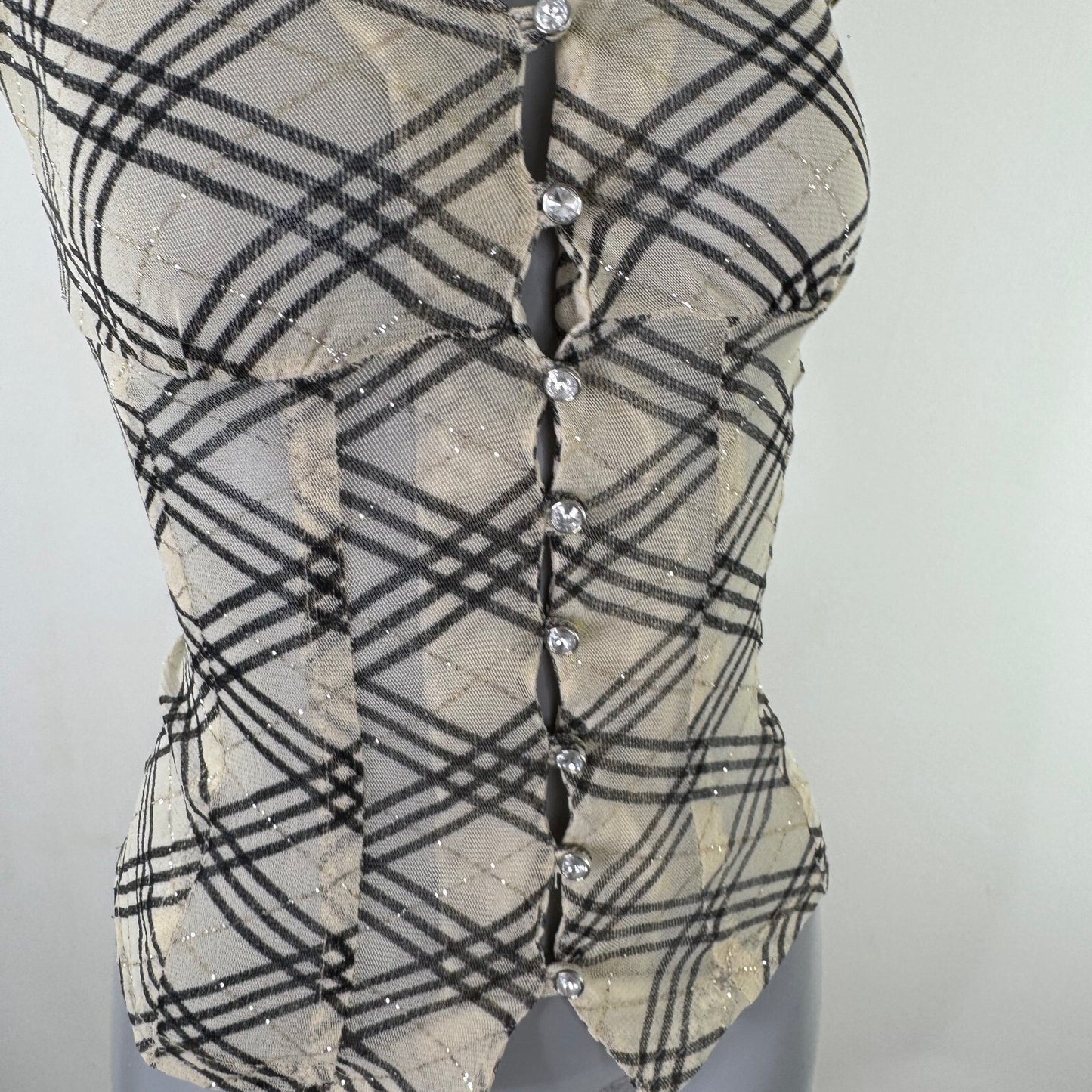 Y2K vintage Jane Norman short sleeve top mesh nova check sheer milkmaid lace up
