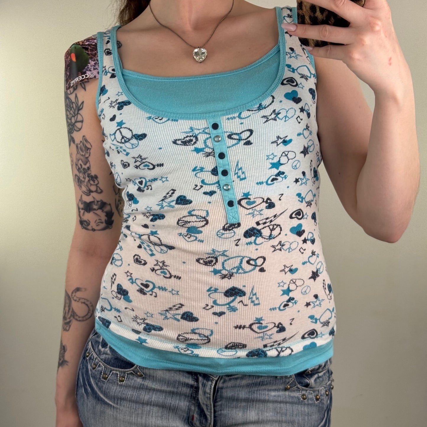 Y2K vintage tank top graphic print peace music hearts double layer