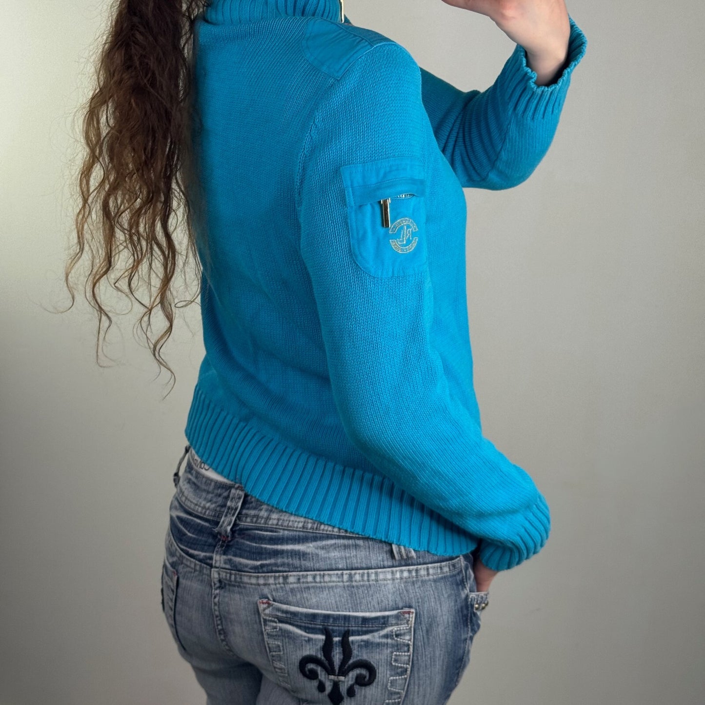 Y2K vintage Lauren Ralph Lauren zip up jumper knit cargo pocket high neck blue