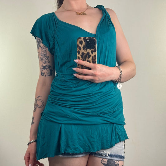 Y2K vintage teal tank top asymmetrical ruffle cowl open back bow v neck layered