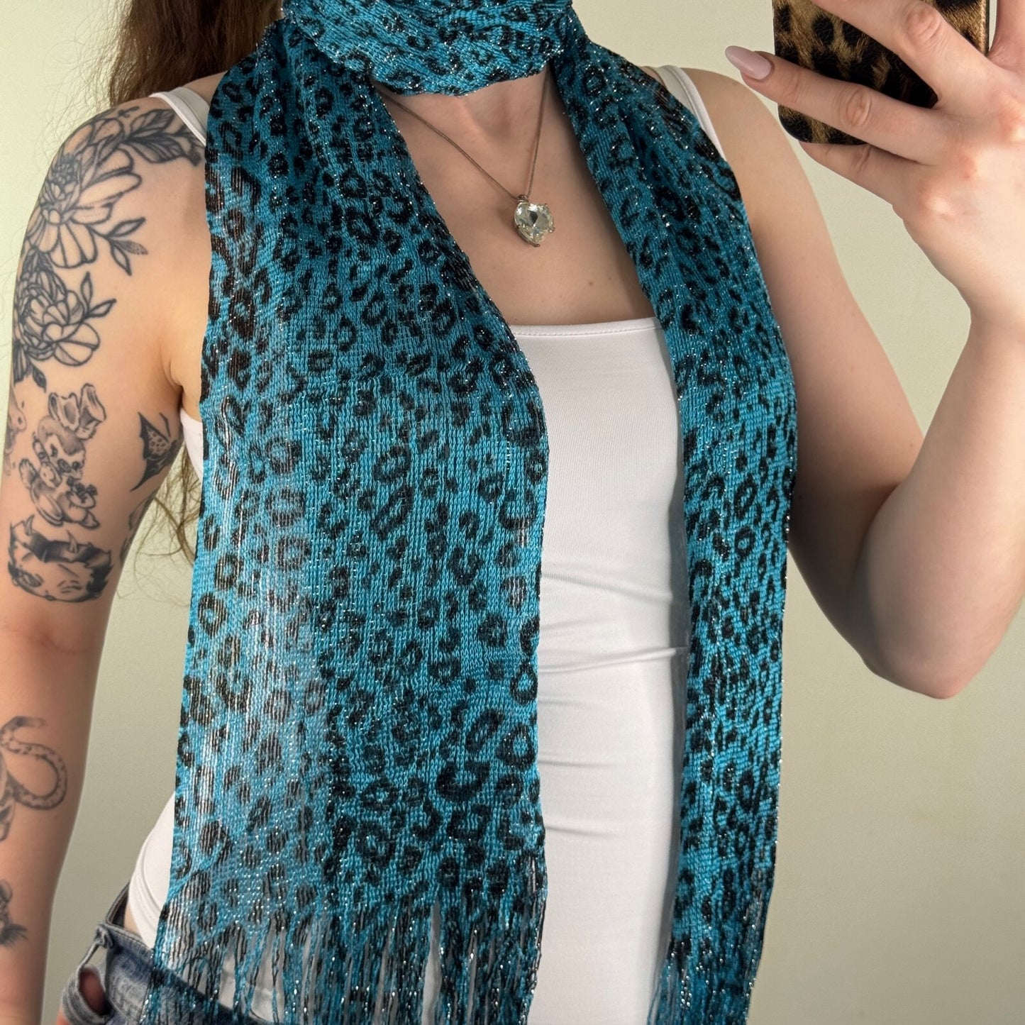 Y2K vintage scarf leopard print sparkly fringe blue black sheer knit