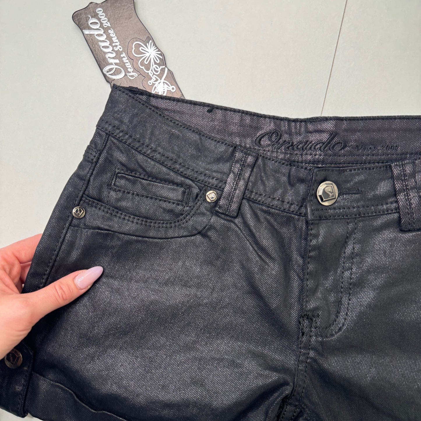 Y2K vintage denim mini shorts low rise stretchy turned up shiny look