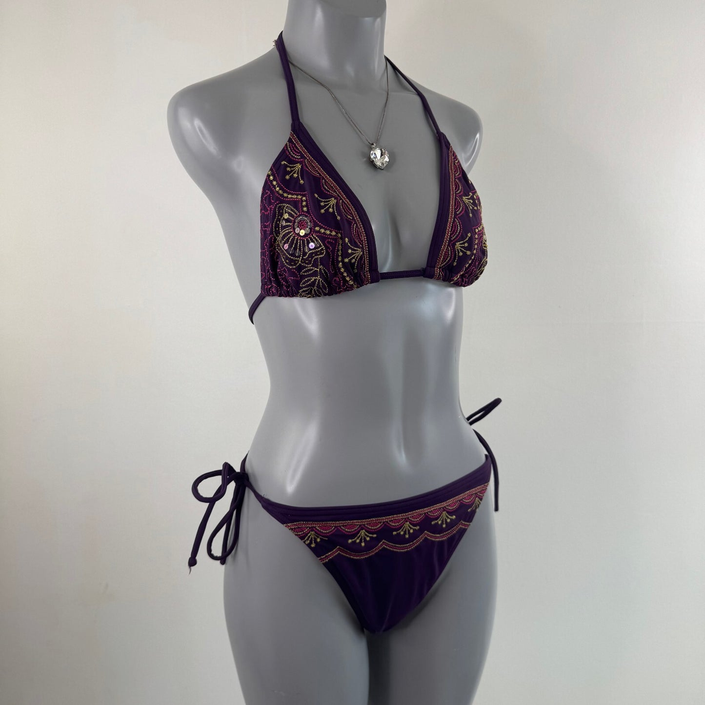 Y2K vintage bikini set matching sequin embroidered tie bow boho halter