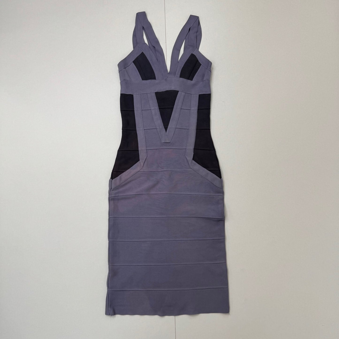 Vintage Hervé Léger bandage midi dress dusty lilac dark blue block colour