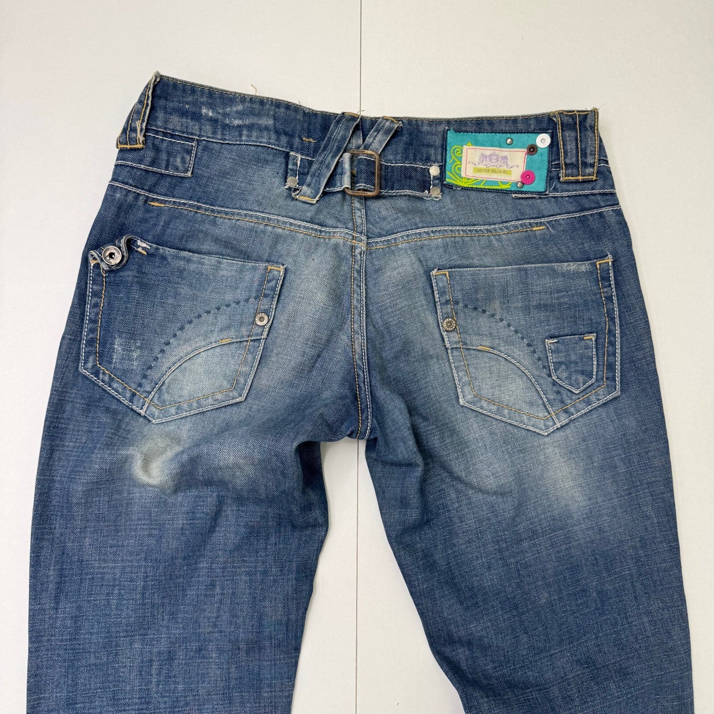 Y2K vintage low rise bootcut jeans faded denim distressed baggy mid blue