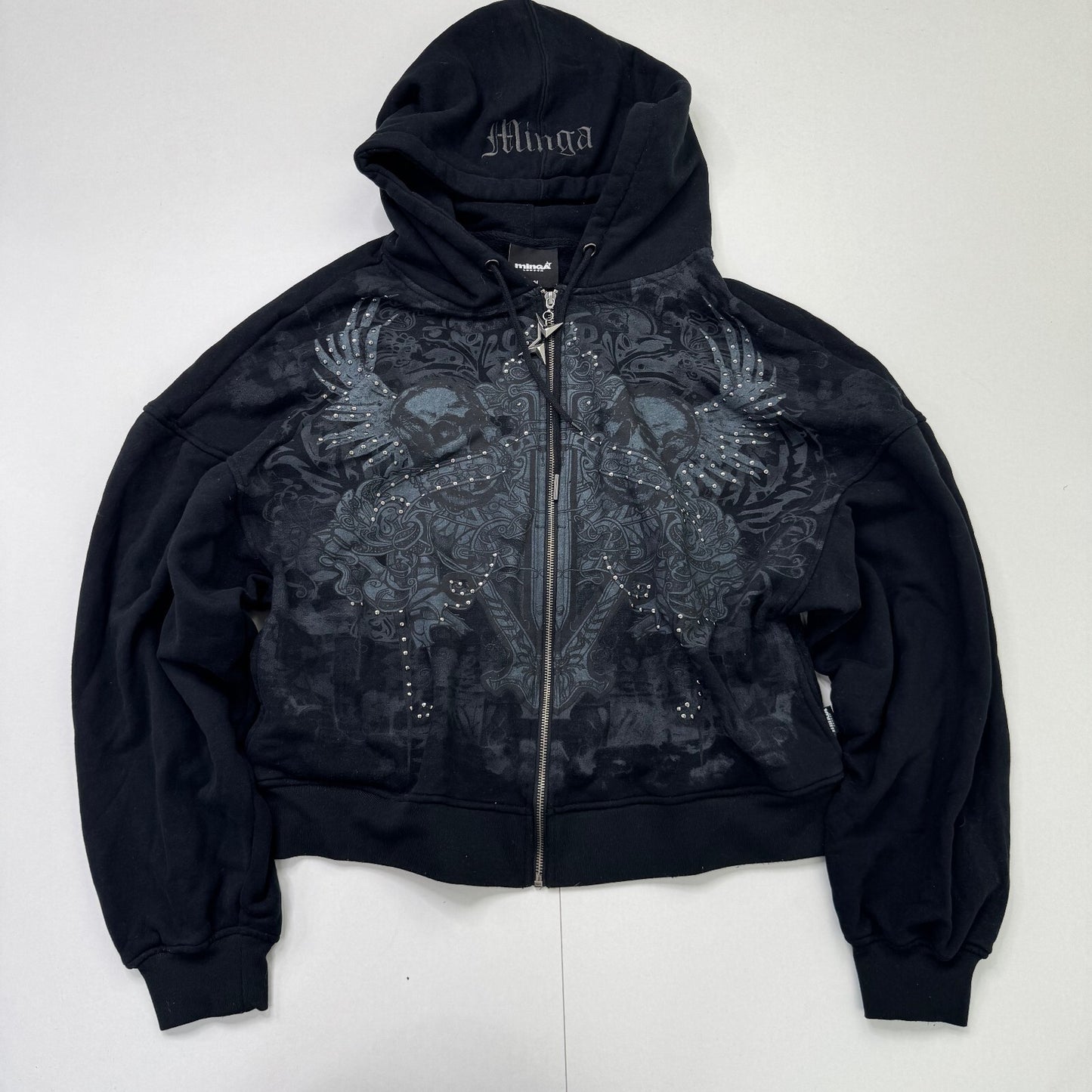 Minga London skull studded graphic zip up hoodie black wings studded