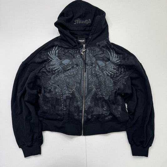 Minga London skull studded graphic zip up hoodie black wings studded