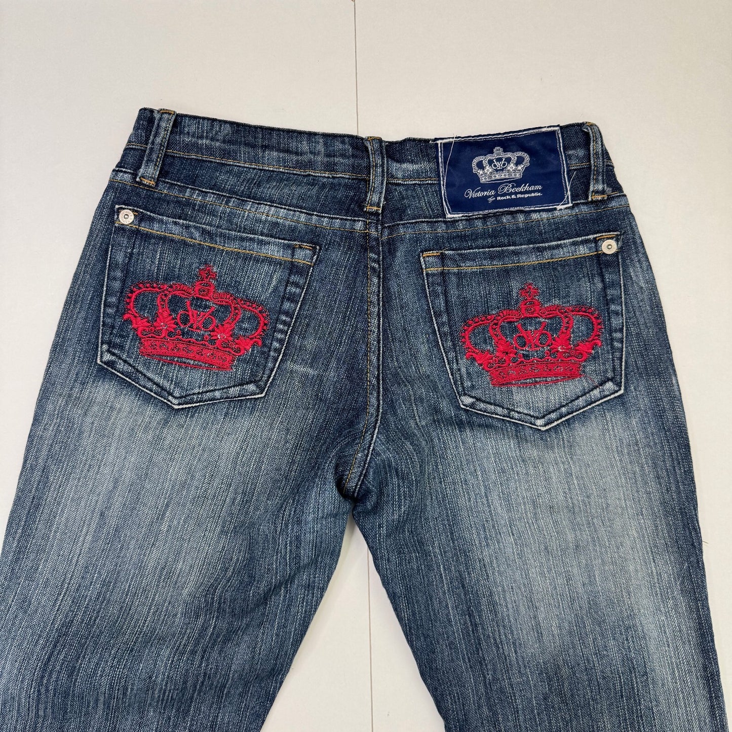 Y2K vintage Victoria Beckham bootcut denim jeans red crown faded low rise