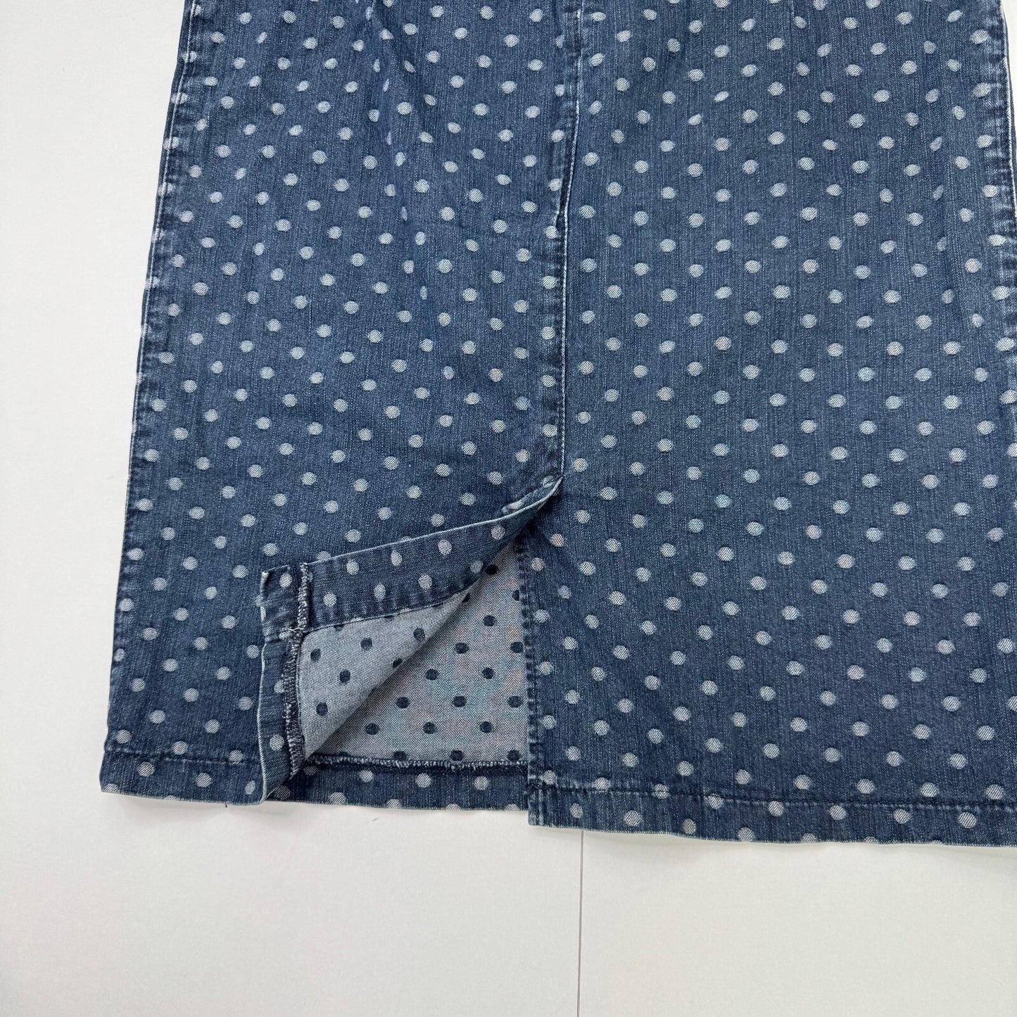 Y2K vintage Per Una midi skirt polka dot stretchy denim mid blue wash spots