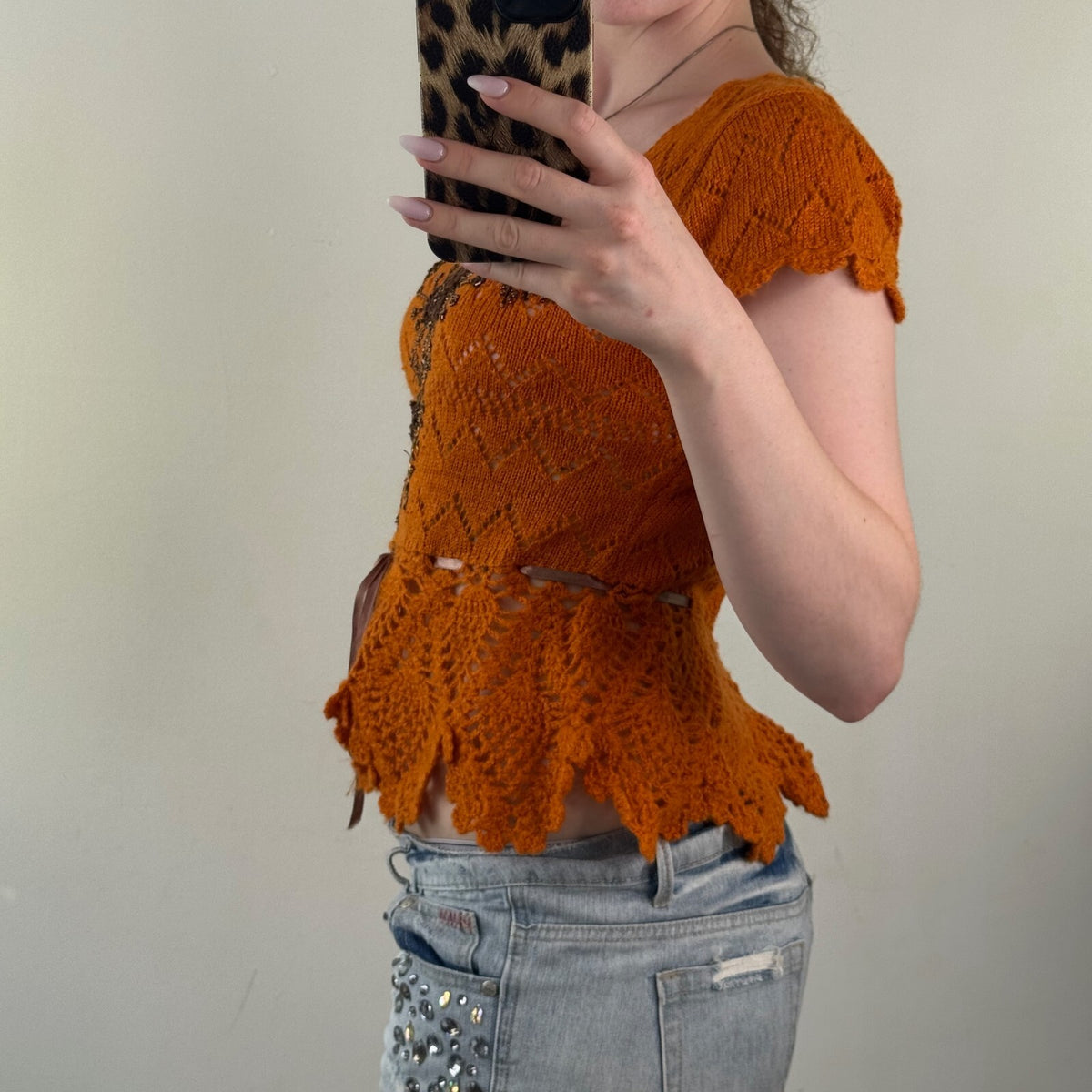 Y2K vintage mohair knit short sleeve top beaded floral embellished sheer bow