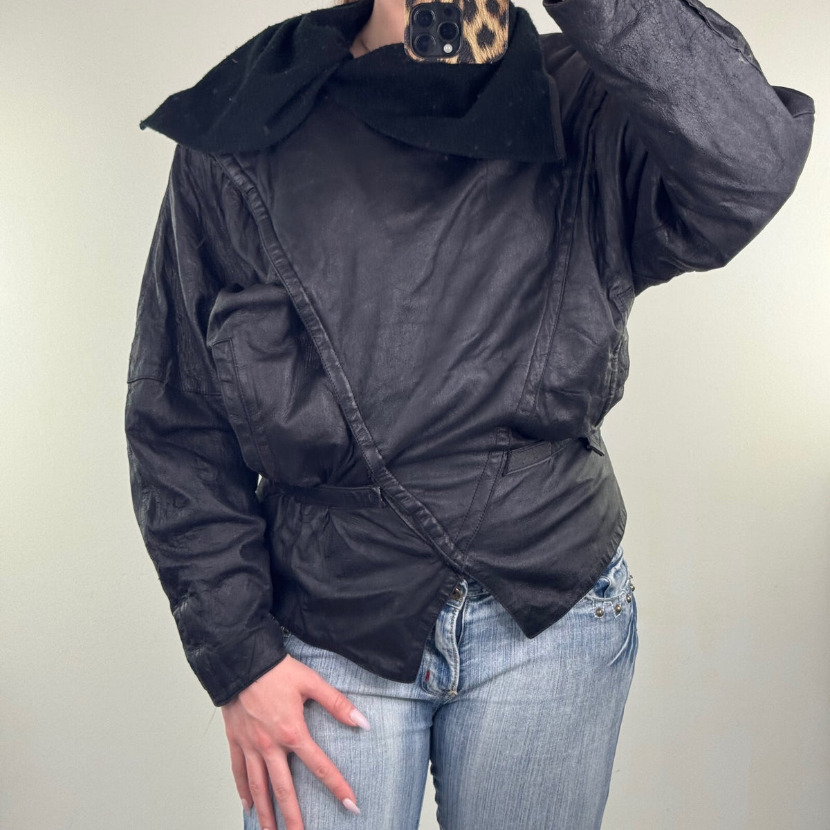 Vintage Genuine Leather Batwing Wrap Jacket Oversized Cowl Collar Statement 80s