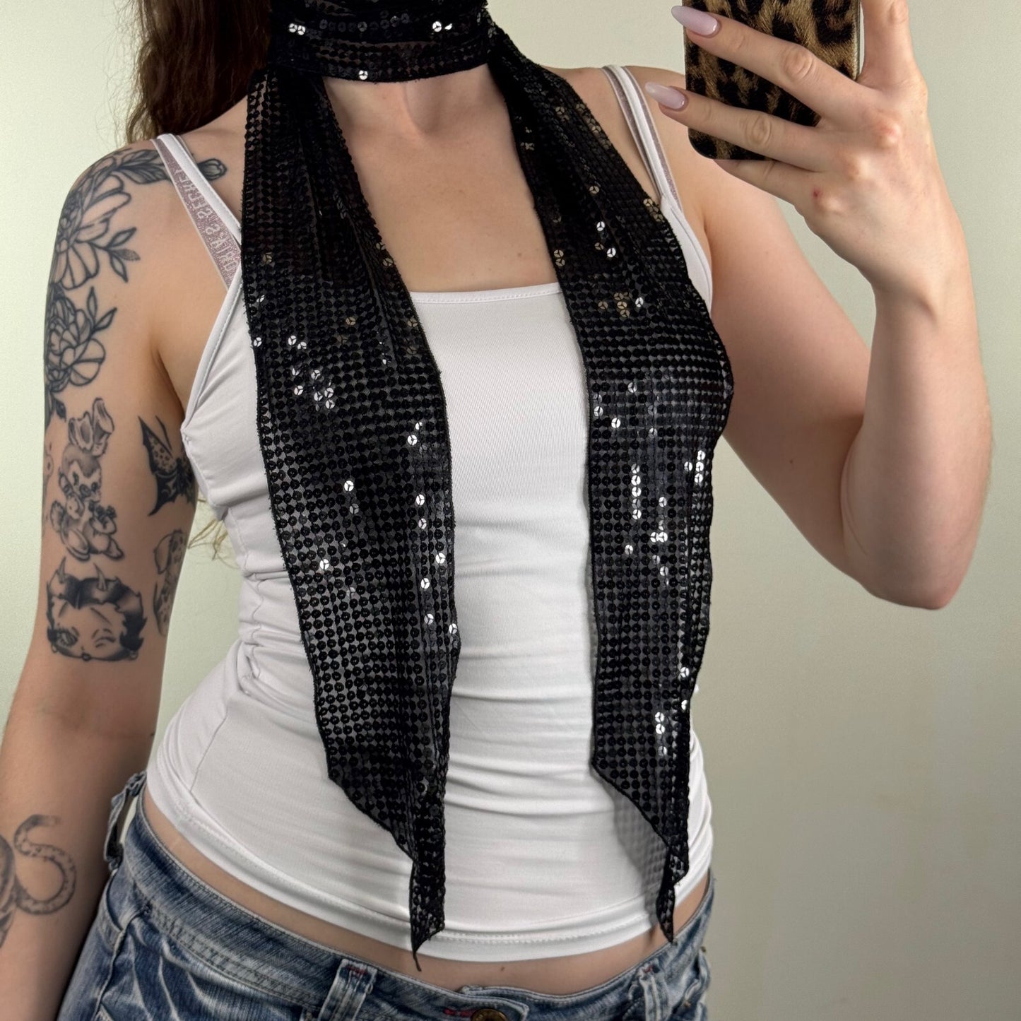 Y2K vintage scarf sequin embellished sheer mesh skinny thin black