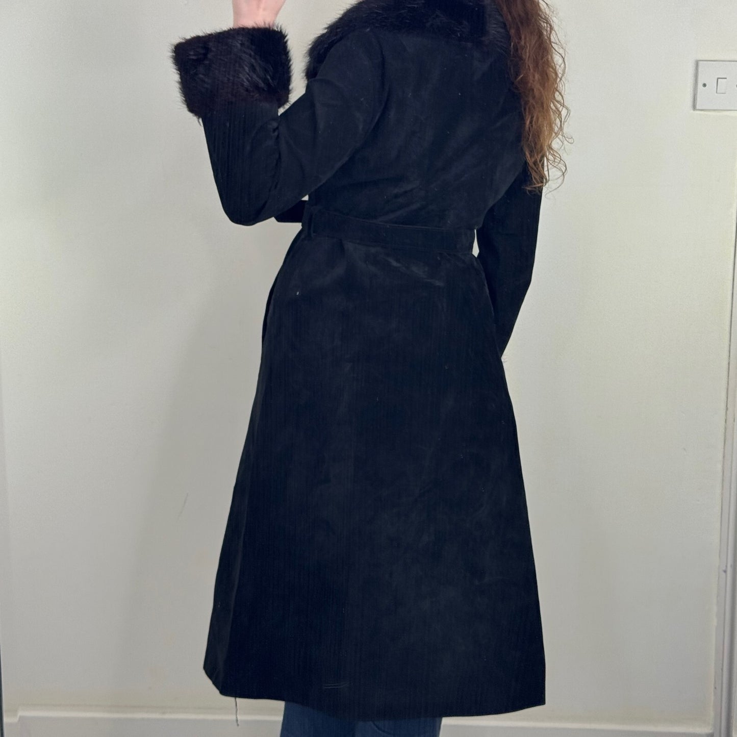Vintage genuine fur / suede trench coat with belt button up lined classic midi