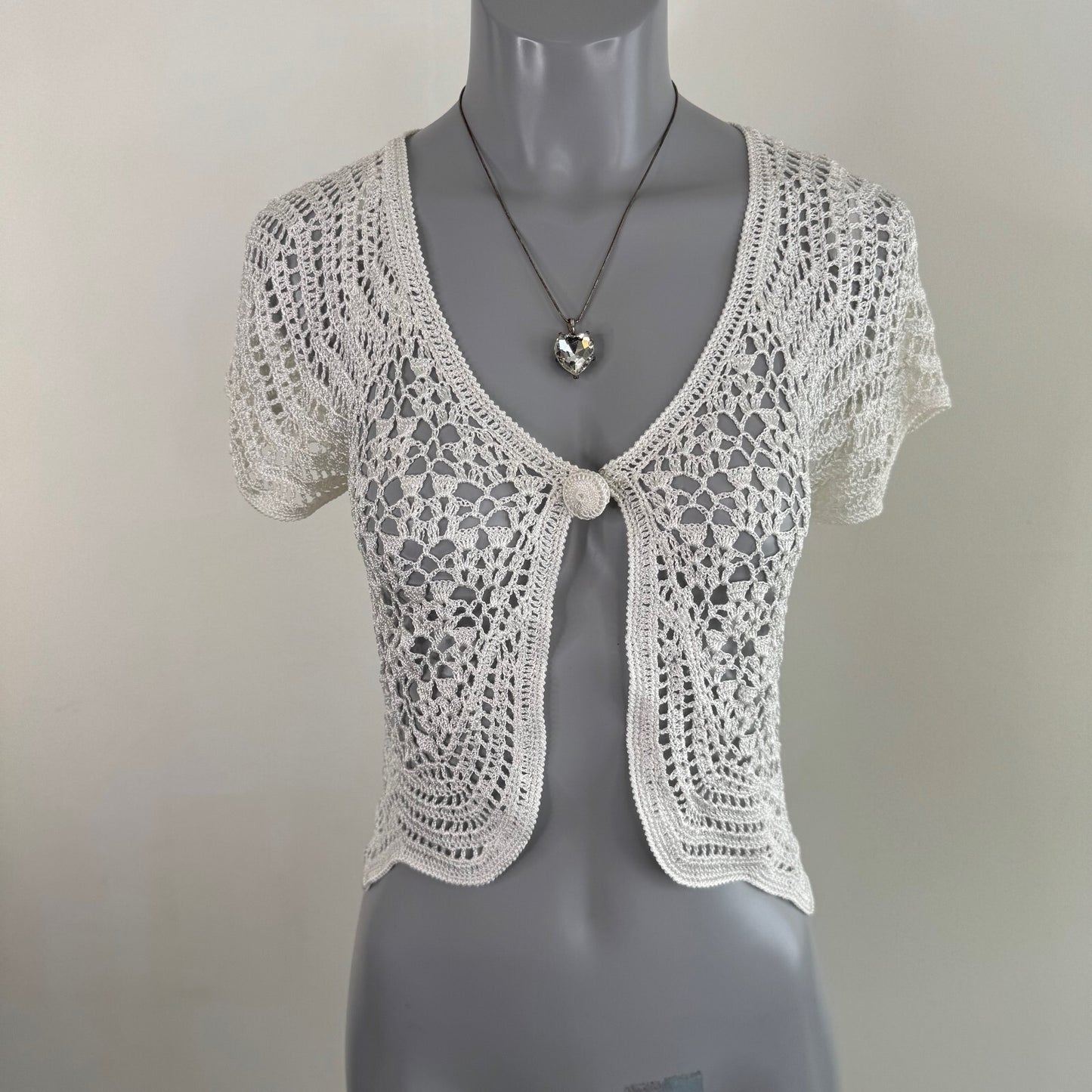 Y2K vintage short sleeve crochet top button up sheer knit v neck cardigan white