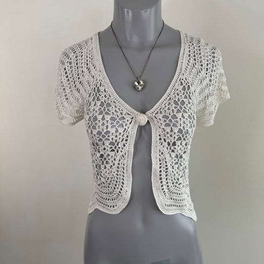 Y2K vintage short sleeve crochet top button up sheer knit v neck cardigan white