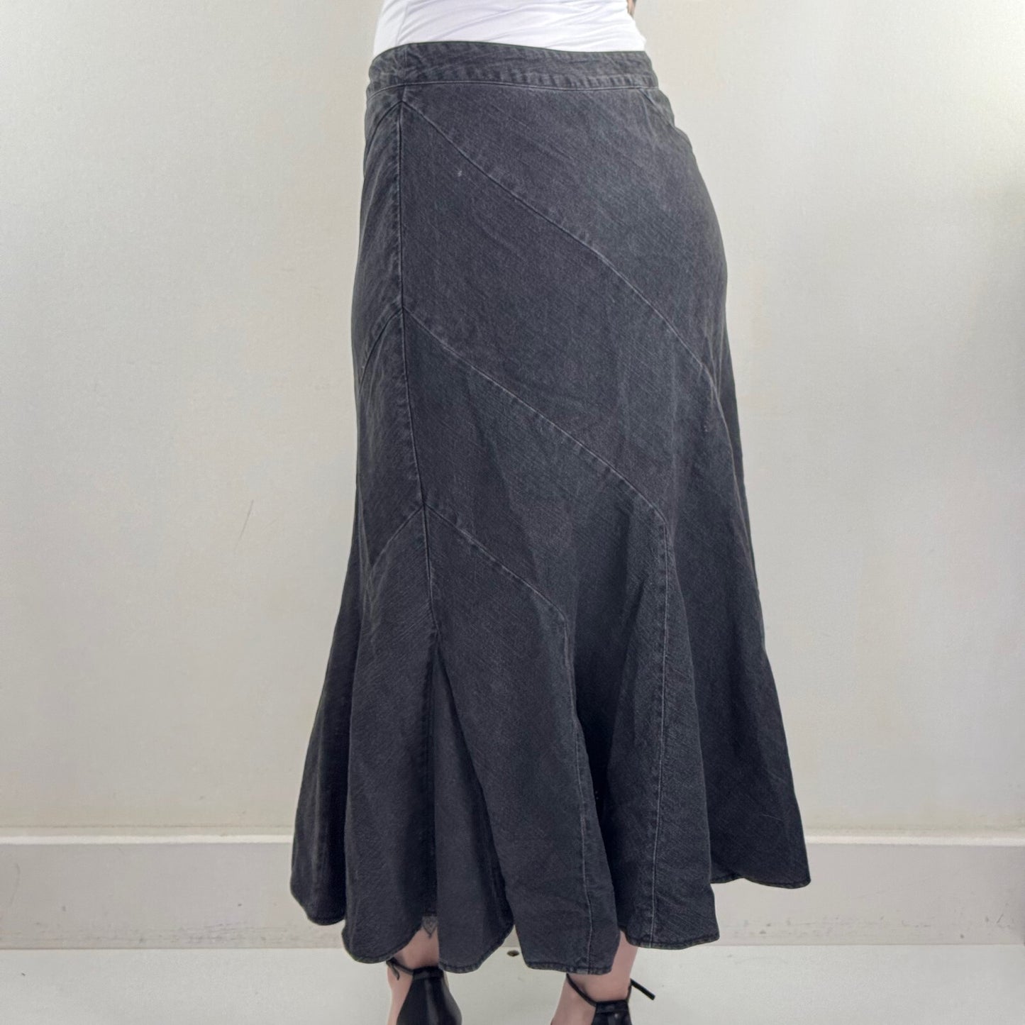 Y2K vintage denim maxi skirt dark grey faded black a line