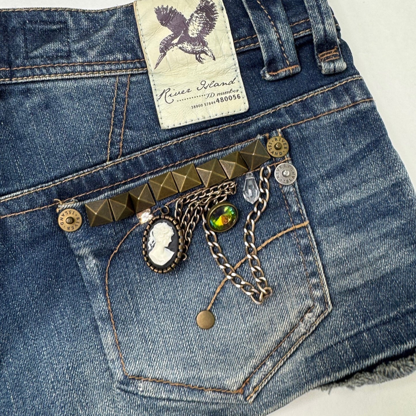 Vintage denim mini shorts super low rise stud embellished lace chain stretchy