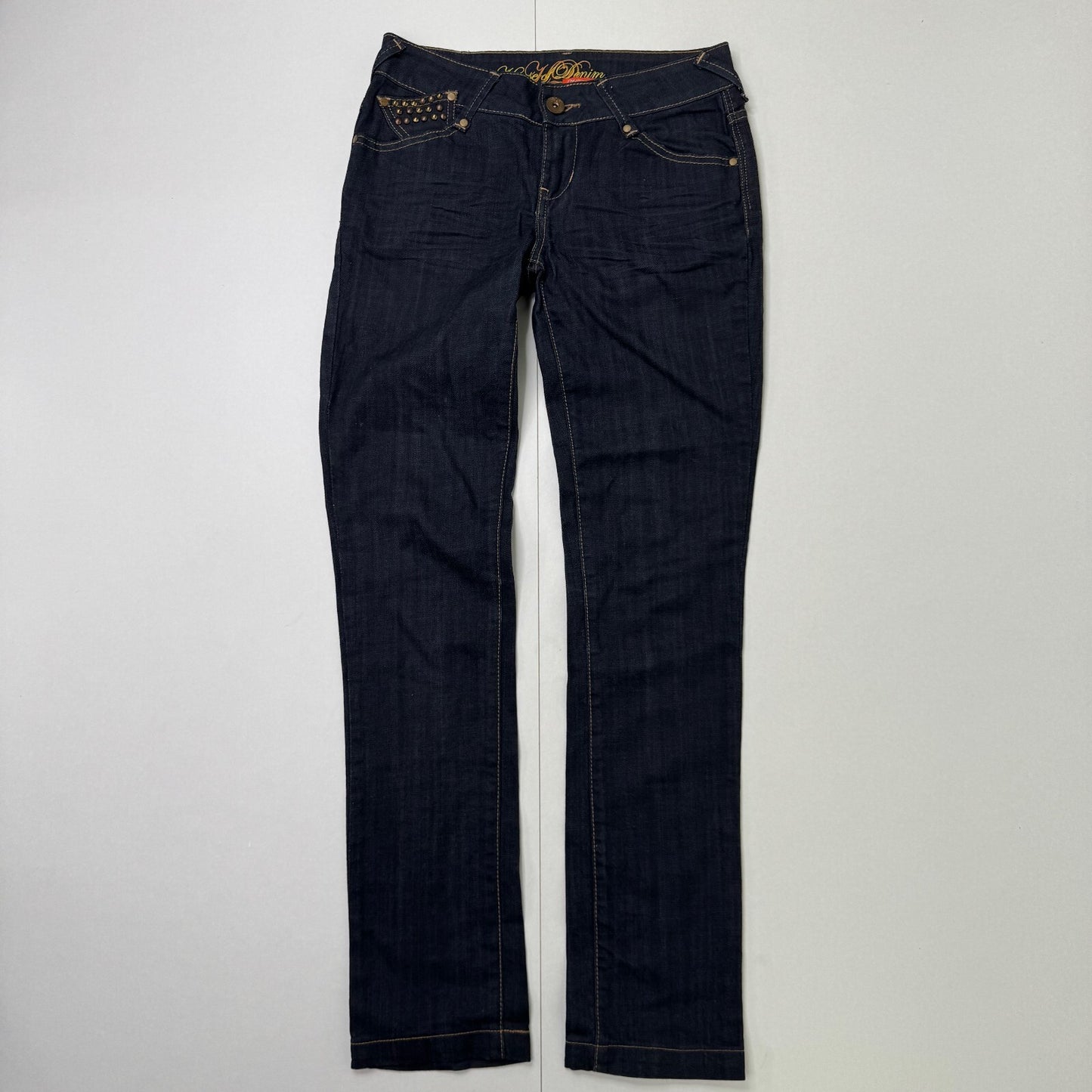 Y2K vintage low rise straight leg jeans dark blue denim wash studded cargo