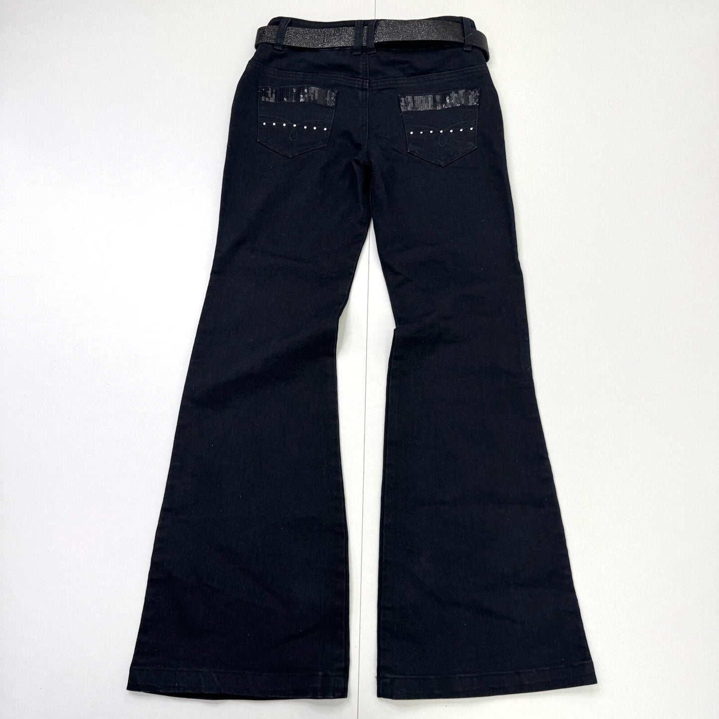 Y2K vintage low rise bootcut denim jeans sequin heart belt rhinestone flare