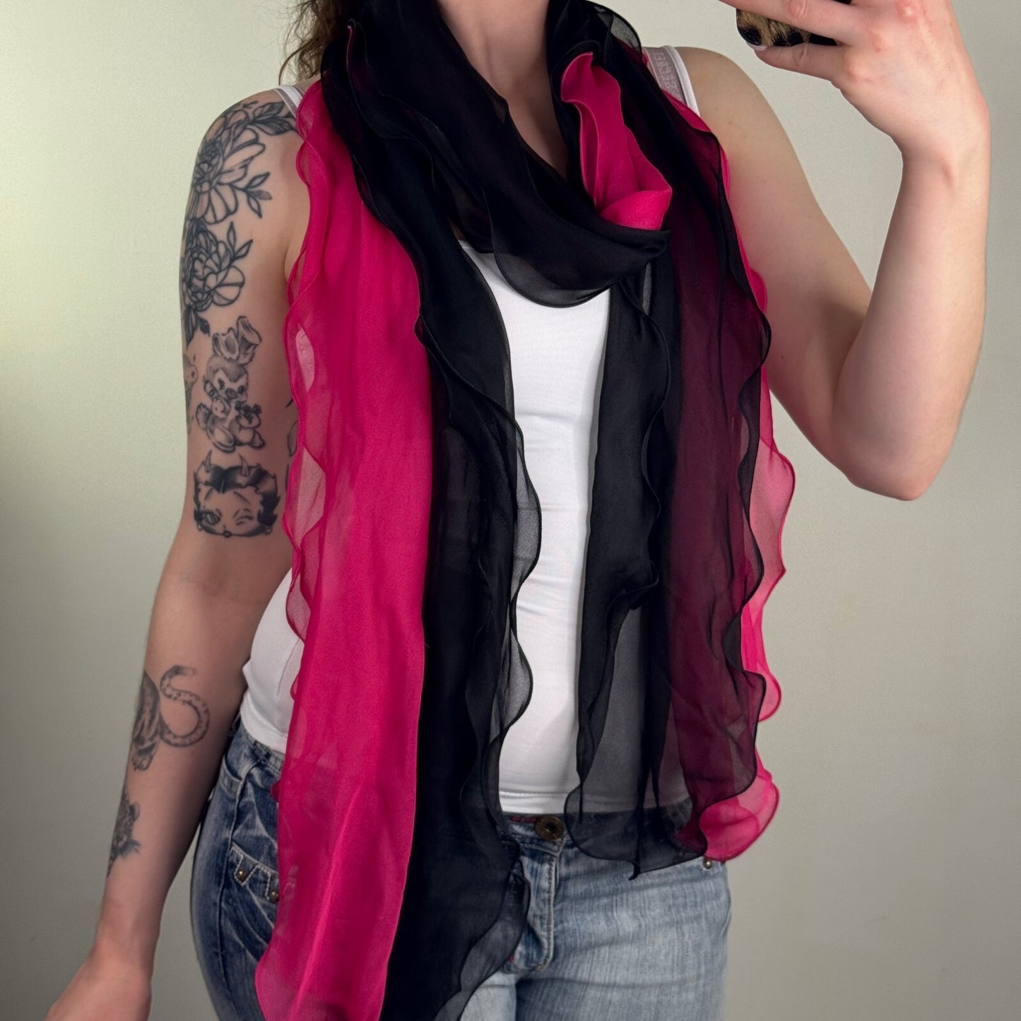Y2K vintage Per Una scarf pink black two tone sheer lettuce hem long