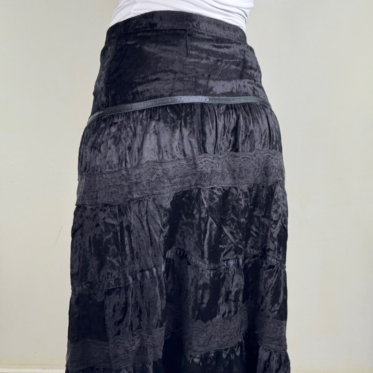 Y2K vintage maxi skirt velvet boho a line lace trim tiered black coquette