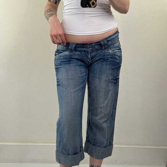 Y2K vintage low rise capri jeans denim cropped faded mid wash turned up hem
