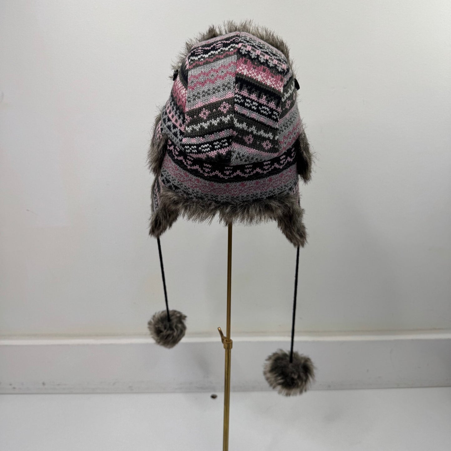 Y2K vintage trapper hat faux fur pom poms aztec knit print pink grey black